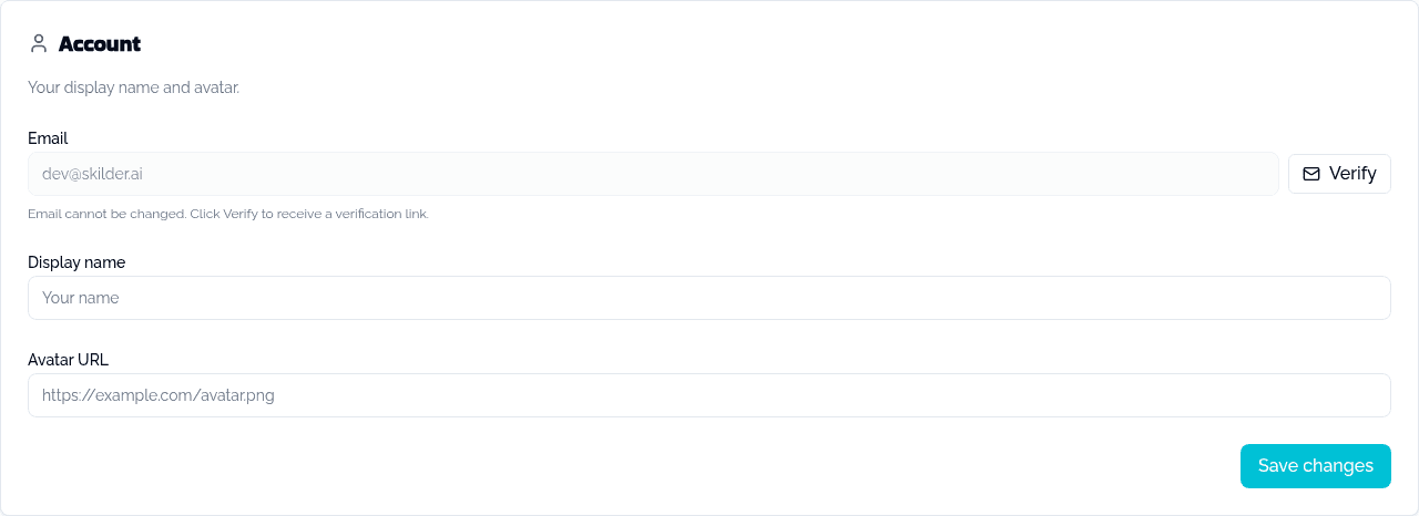 The Account card on the Profile tab, with a disabled email field and a Verify button, and empty display name and avatar URL fields.