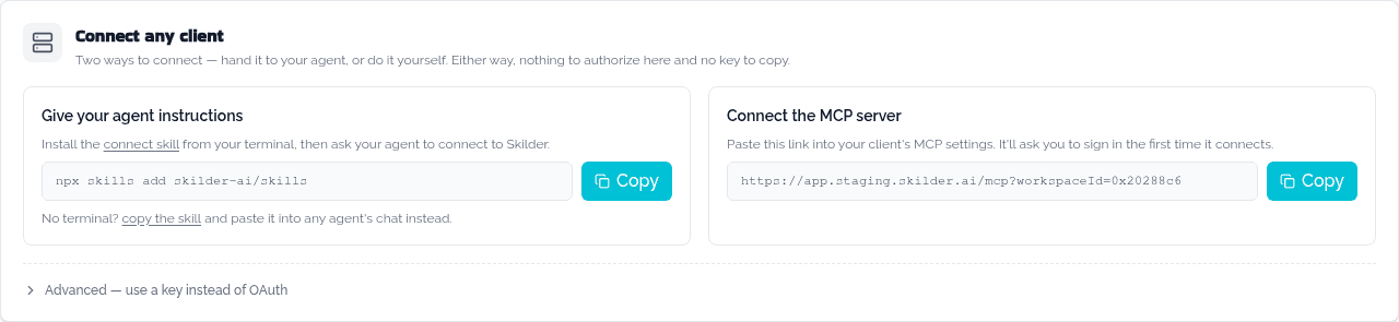 The Connect any client card, showing the terminal install command on the left and the copyable MCP server link on the right.