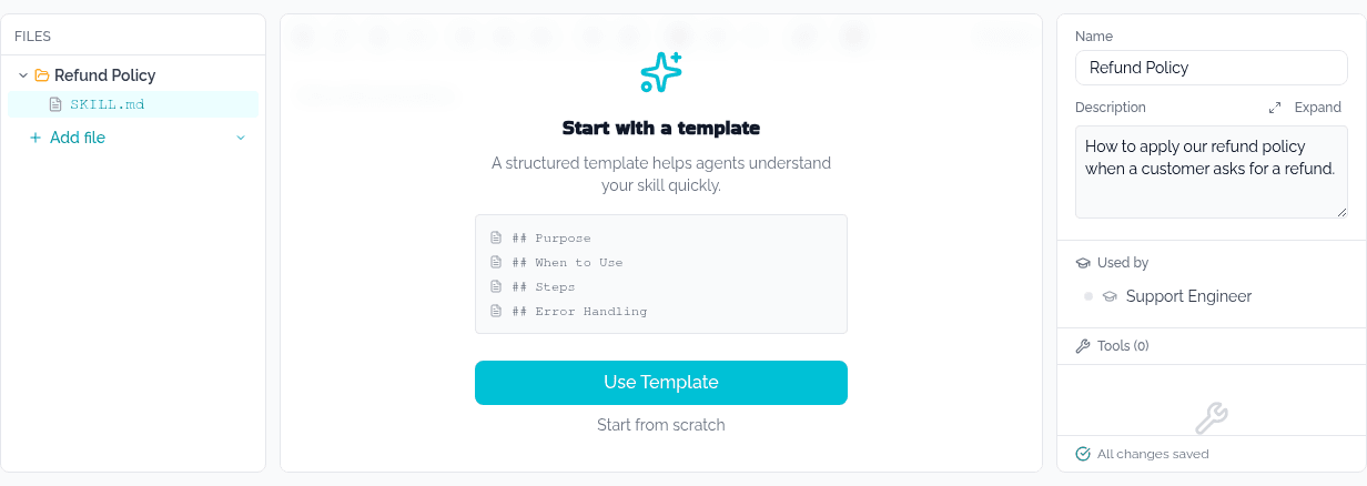 The skill editor: a file tree on the left, the instructions editor in the center, and identity, usage and tools on the right.