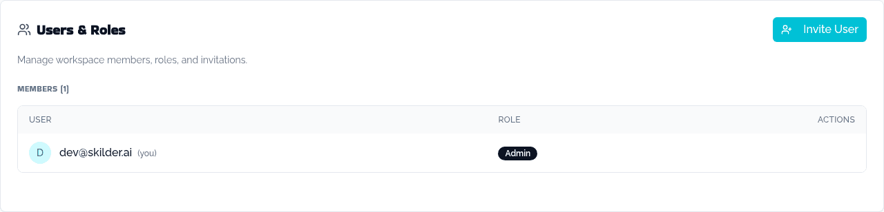 The Users & Roles panel, listing a workspace member with their role and an Invite User button in the top right.