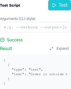 The Test Script panel after a run, showing a Success status and the result as a JSON content array.