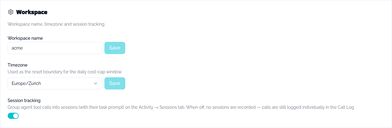 The Workspace settings card, showing the workspace name field, a timezone dropdown, and the session tracking toggle switched on.