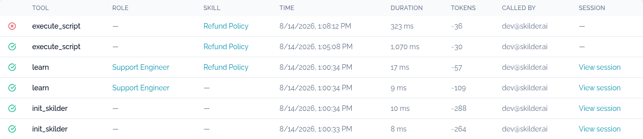 The Call Log tab, listing six calls with one failed execute_script call marked in red.