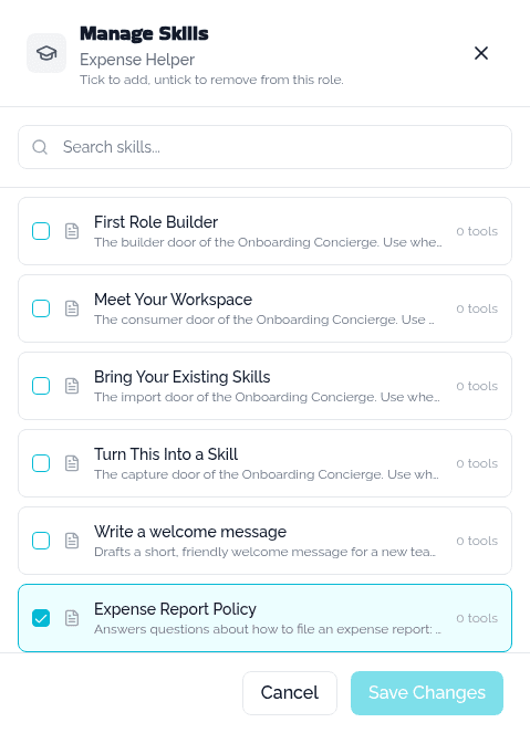 The Manage Skills drawer, with one skill ticked and the rest unticked.